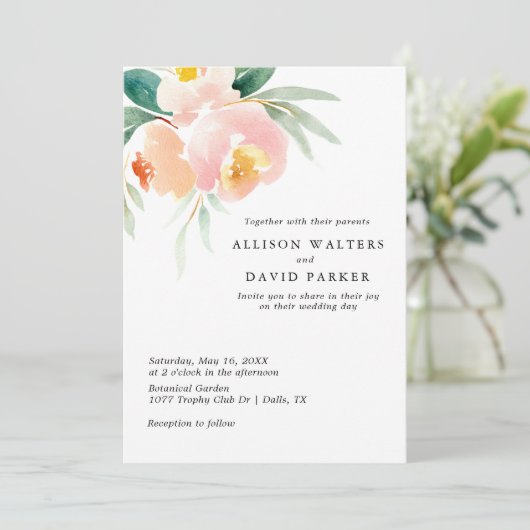 Peachy Waterverf Bloemen bruiloft uitnodiging Kaar (Staand voorkant)