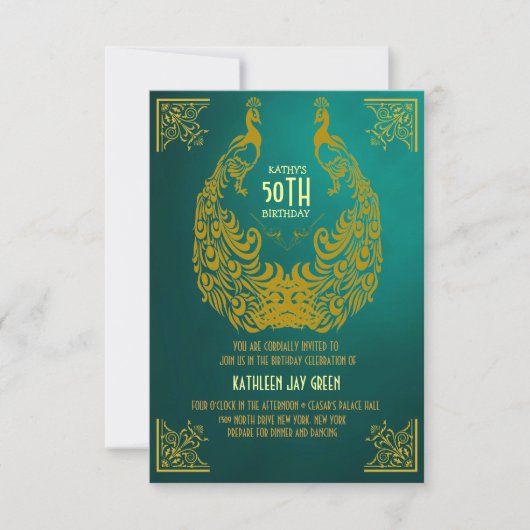 Peacock 1920s Art Deco 50th Birthday Invitation Kaart (Voorkant)