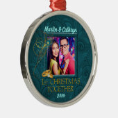 Peacock 1e Kerstmis Blauwgroen met foto Metalen Ornament (Rechts)