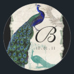 Peacock 5 - Huwelijkszegel of Sticker<br><div class="desc">Er zit een vleugje grilligheid en plezier in dit ontwerp met twee pauwen, een in volle intense kleuren van kobalt, pauw en aqua blauw met paarse en groene, de andere is een pen- en inkttekening in pauwblauw. Je hebt de keuze uit achtergrondkleuren, hier weergegeven in pauw of blauwgroen blauw. Selecteer...</div>