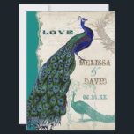 Peacock 5 - officiële bruiloft uitnodiging<br><div class="desc">Er zit een vleugje grilligheid en plezier in dit ontwerp met twee pauwen, een in volle intense kleuren van kobalt, pauw en aqua blauw met paarse en groene, de andere is een pen- en inkttekening in pauwblauw. Je hebt de keuze uit achtergrondkleuren, hier weergegeven in pauw of blauwgroen blauw. Selecteer...</div>
