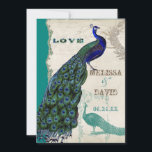 Peacock 5 - officiële bruiloft uitnodiging<br><div class="desc">Er zit een vleugje grilligheid en plezier in dit ontwerp met twee pauwen, een in volle intense kleuren van kobalt, pauw en aqua blauw met paarse en groene, de andere is een pen- en inkttekening in pauwblauw. Je hebt de keuze uit achtergrondkleuren, hier weergegeven in pauw of blauwgroen blauw. Selecteer...</div>