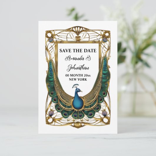 Peacock abstracte art nouveau lijst decoratief save the date (Staand voorkant)