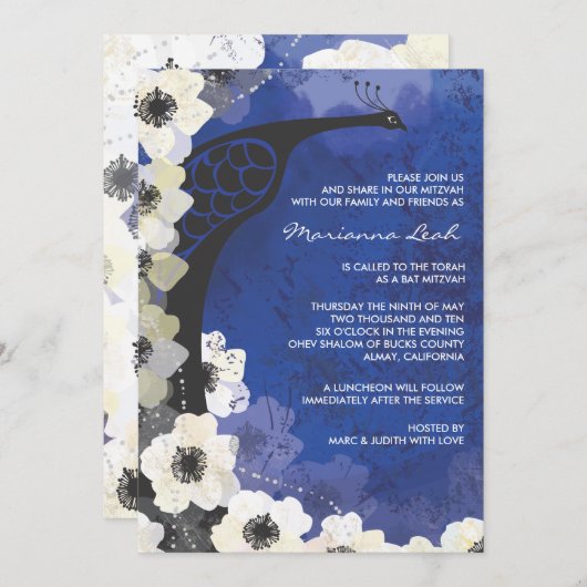 Peacock & Anemone Flowers Bat Mitzvah Uitnodiging (Voorkant / Achterkant)