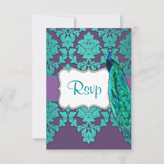 Peacock Aqua en Paarse Damask Wedding RSVP-kaarten RSVP Kaartje (Voorkant)