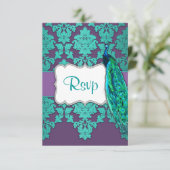 Peacock Aqua en Paarse Damask Wedding RSVP-kaarten RSVP Kaartje (Staand voorkant)