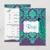 Peacock Aqua en Paarse Damask Wedding RSVP-kaarten RSVP Kaartje (Voorkant / Achterkant)