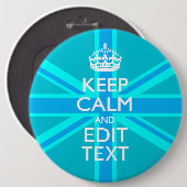 Peacock Aqua Keep Calm and Jouw tekst Union Jack Ronde Button 6,0 Cm (Voorkant /achterkant)