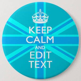 Peacock Aqua Keep Calm and Jouw tekst Union Jack Ronde Button 6,0 Cm