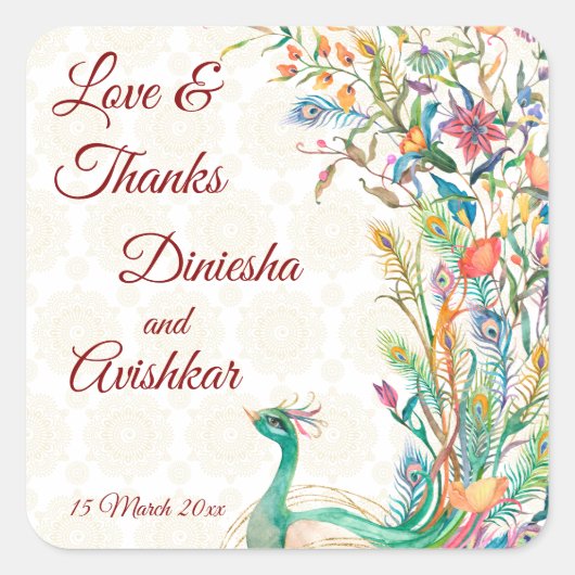 Peacock Arabisch patroon Indiaas huwelijksgunstcad Vierkante Sticker (Voorkant)