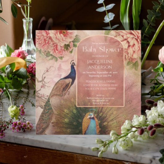 Peacock Arch Blush Pink Peony Flower Baby shower Kaart