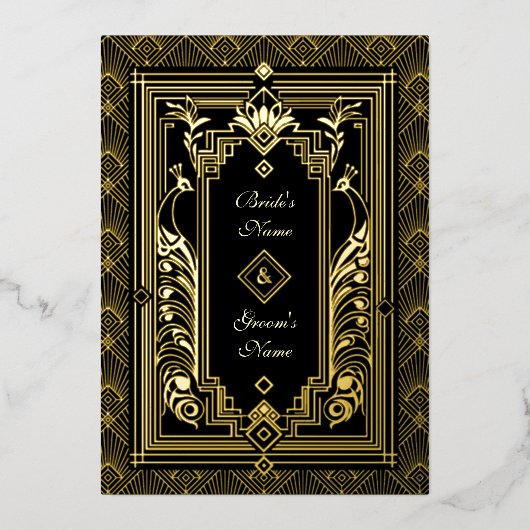 Peacock Art Deco bruiloft uitnodiging echte gouden (Voorkant)
