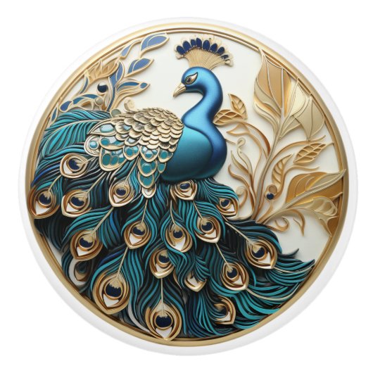 Peacock Art Deco Elegant Goud Turquoise Keramische Knop (Voorkant)