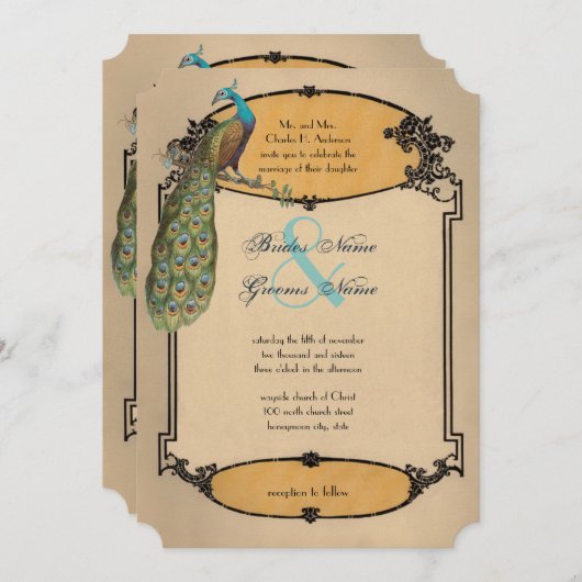  Peacock Art Deco Playbill Weddenschap Kaart (Voorkant / Achterkant)