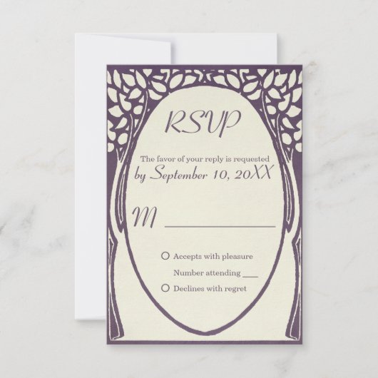 Peacock art deco violet en ivoor WEDDING rsvp (Voorkant)