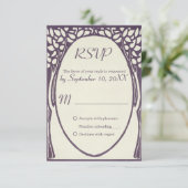 Peacock art deco violet en ivoor WEDDING rsvp (Staand voorkant)