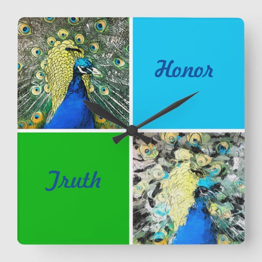Peacock Art met Aqua en Green Squares Vierkante Klok (Voorkant)