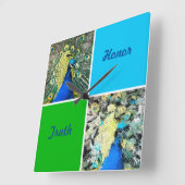 Peacock Art met Aqua en Green Squares Vierkante Klok (Hoek)
