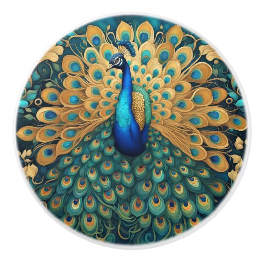 Peacock Art Nouveau Art Deco Turquoise & Goud Keramische Knop (Voorkant)