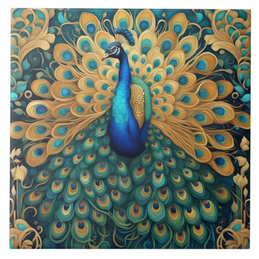 Peacock Art Nouveau Art Deco Turquoise & Goud Tegeltje (Voorkant)