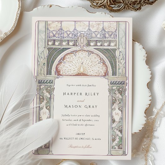 Peacock Art Nouveau bruiloft Kaart