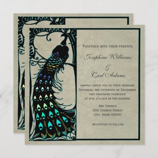 Peacock Art Nouveau bruiloft uitnodigingen (Voorkant / Achterkant)