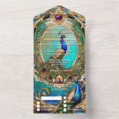 Peacock art nouveau retro luxe all in one uitnodiging (Binnen)