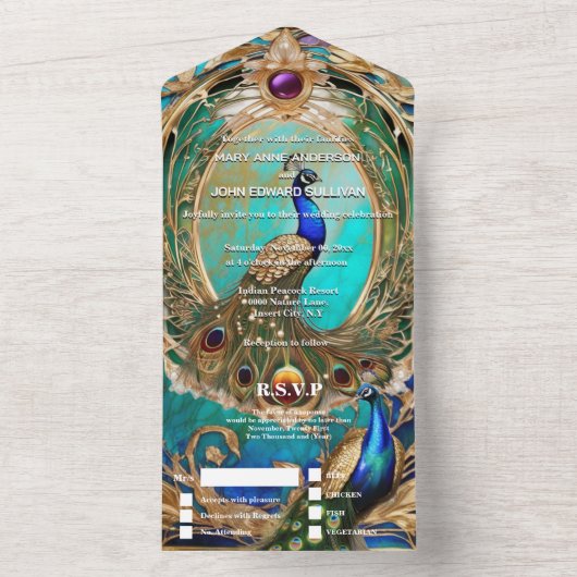 Peacock art nouveau  retro luxe all in one uitnodiging (Binnen)