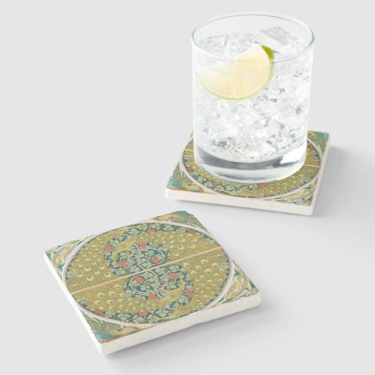 Peacock Art Nouveau Stijl rond ingewikkeld ontwerp Stenen Onderzetter (Zijkant)