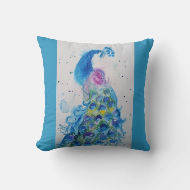 Peacock art Waterverf Schilder Cushion Aqua Blauwg Kussen (Voorkant)