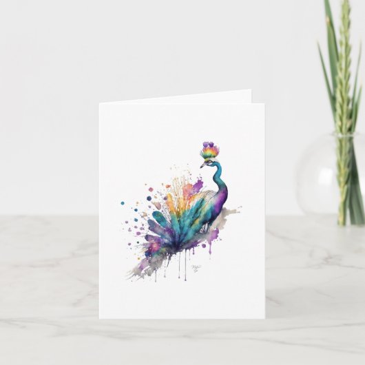 Peacock B Vogelportret in Waterverven & Pen Feestdagen Kaart (Voorkant)