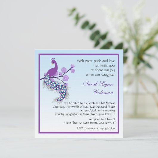 Peacock Bat Mitzvah Uitnodiging (Staand voorkant)