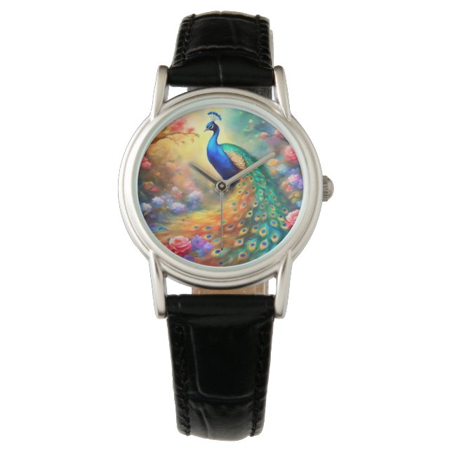Peacock Bird 100 met bloemen Horloge (Voorkant)