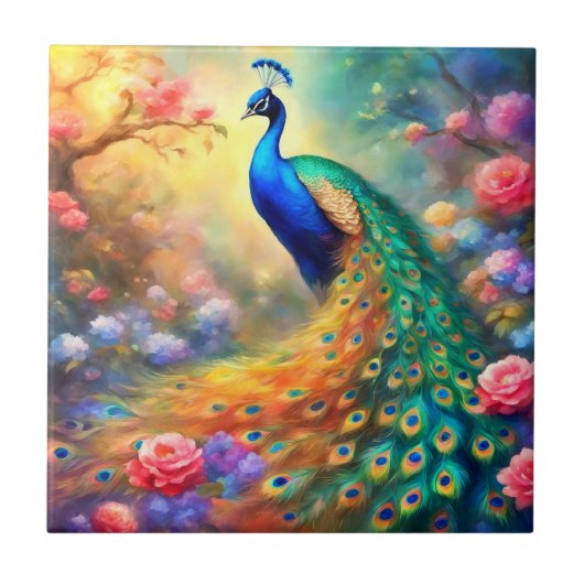 Peacock Bird 100 met bloemen Tegeltje (Voorkant)