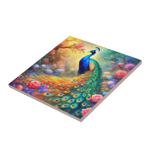 Peacock Bird 100 met bloemen Tegeltje (Zijkant)