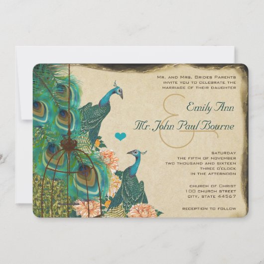  peacock Bird Cage Feather Wedidng Invite Kaart (Voorkant)