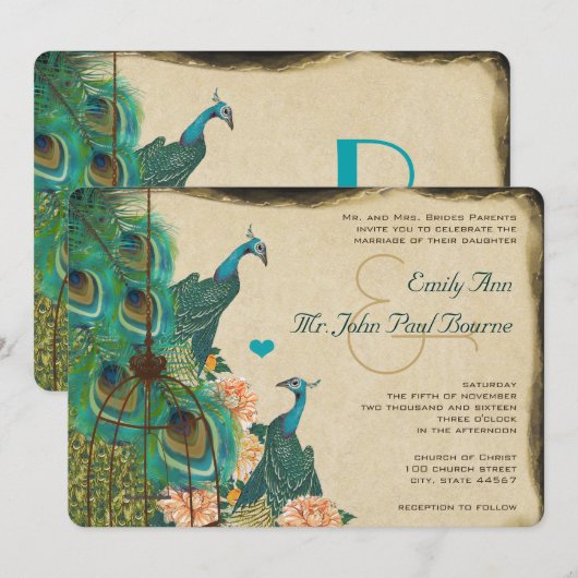 peacock Bird Cage Feather Wedidng Invite Kaart (Voorkant / Achterkant)
