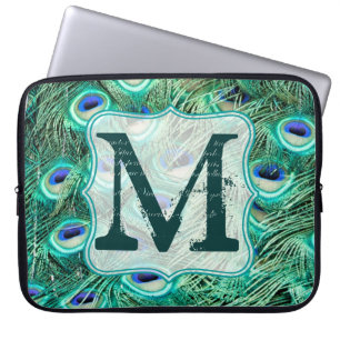 Peacock Bird Feather Blauwgroen Monogram 15-inch H Laptop Sleeve