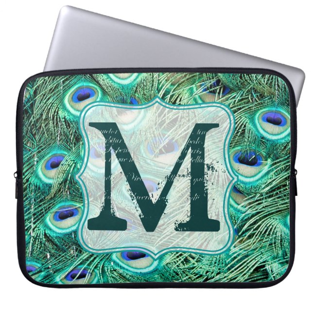 Peacock Bird Feather Blauwgroen Monogram 15-inch H Laptop Sleeve (Voorkant)