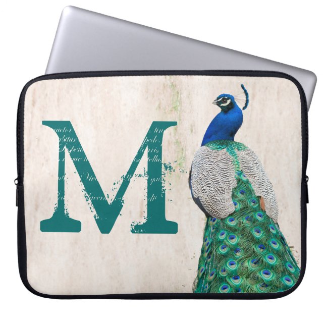 Peacock Bird Feather Blauwgroen Monogram 15-inch H Laptop Sleeve (Voorkant)
