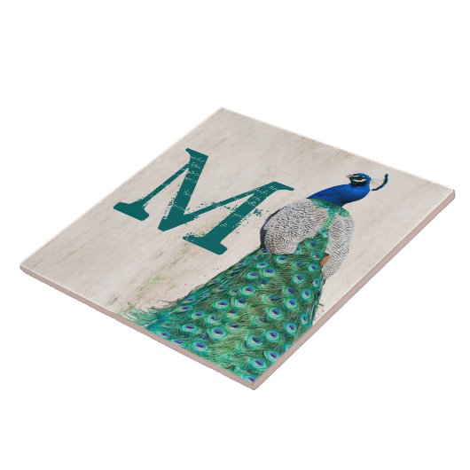 Peacock Bird Feather Blauwgroen Monogram Display T Tegeltje (Zijkant)