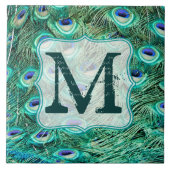 Peacock Bird Feather Blauwgroen Monogram Display T Tegeltje (Voorkant)