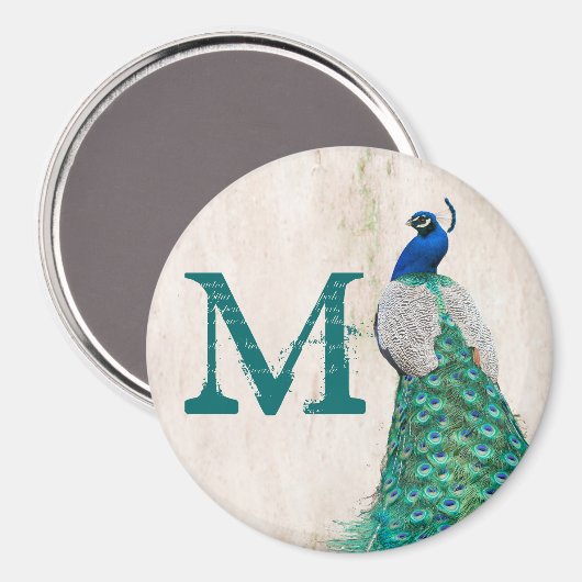 Peacock Bird Feather Blauwgroen Monogram Initiaal Magneet (Voorkant / Achterkant)