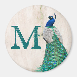 Peacock Bird Feather Blauwgroen Monogram Initiaal  Magneet