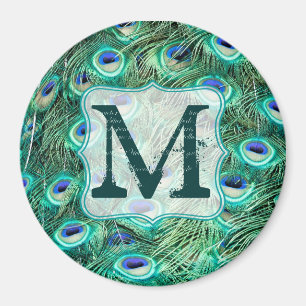 Peacock Bird Feather Blauwgroen Monogram Initiaal  Magneet