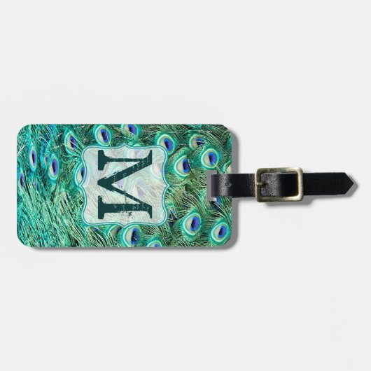 Peacock Bird Feather Blauwgroen Tur Monogram Bagag Bagagelabel (Voorkant horizontaal)