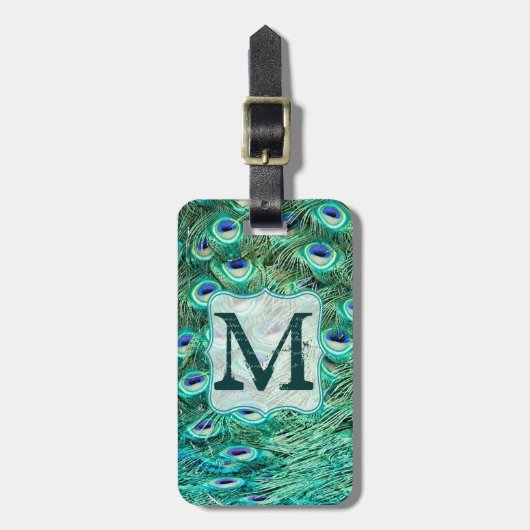 Peacock Bird Feather Blauwgroen Tur Monogram Bagag Bagagelabel (Voorkant verticaal)