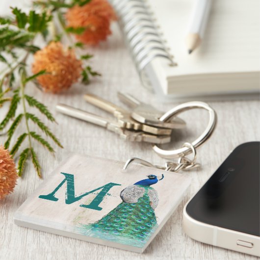 Peacock Bird Feather Blauwgroen Turquoise Vint Sle Sleutelhanger (Voorkant Rechts)