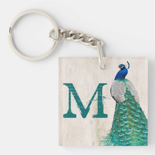 Peacock Bird Feather Blauwgroen Turquoise Vint Sle Sleutelhanger (Voorkant)