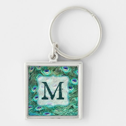 Peacock Bird Feather Blauwgroen Turquoise Vint Sle Sleutelhanger (Voorkant)